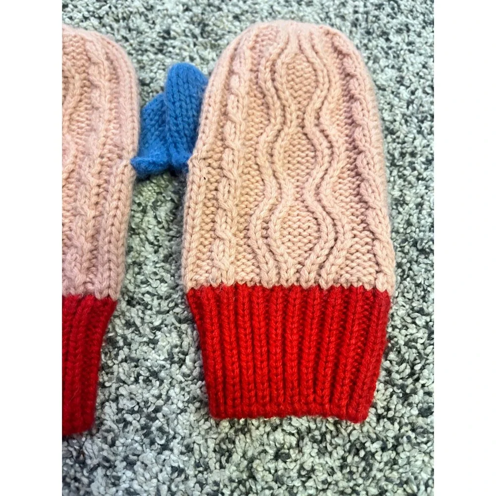 Mini Boden Cable Knit Colorblock Winter Mittens Girls Large 6-10 Pink Red Blue